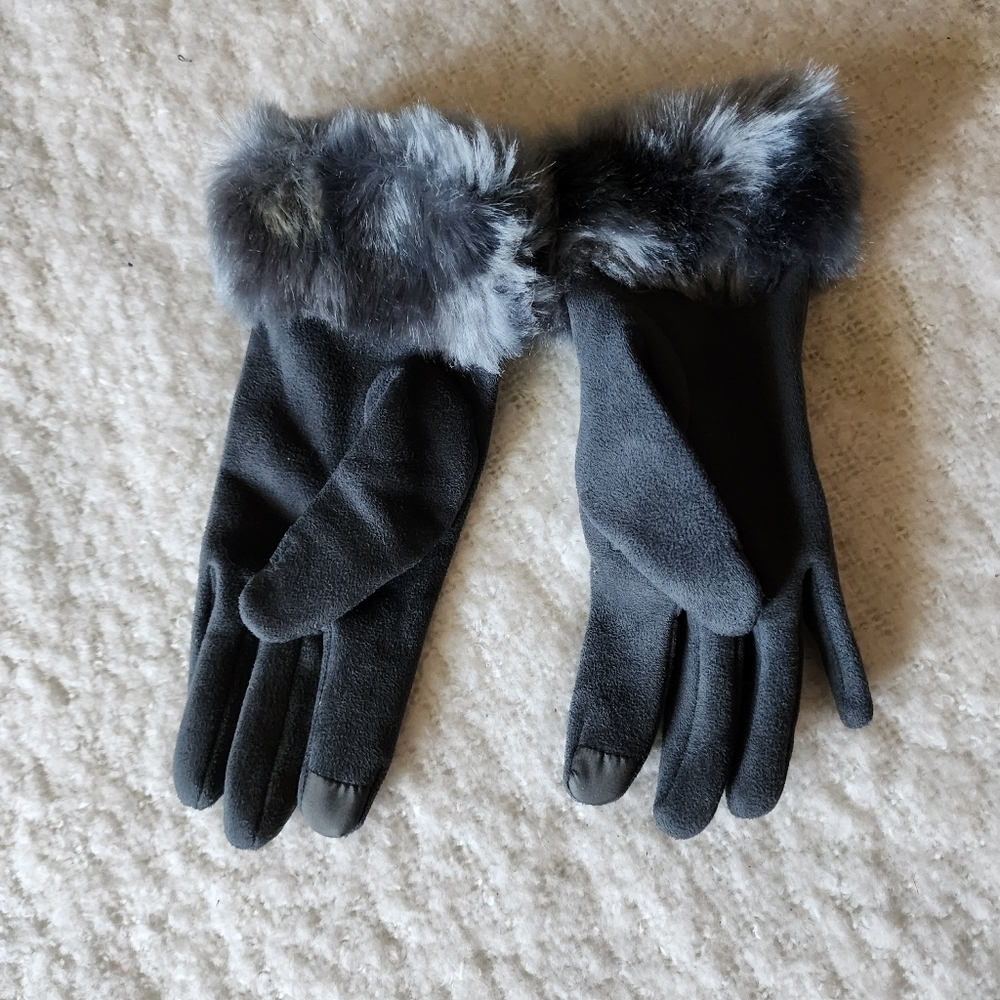 Vintage velvet faux fur trim gloves color grey size large